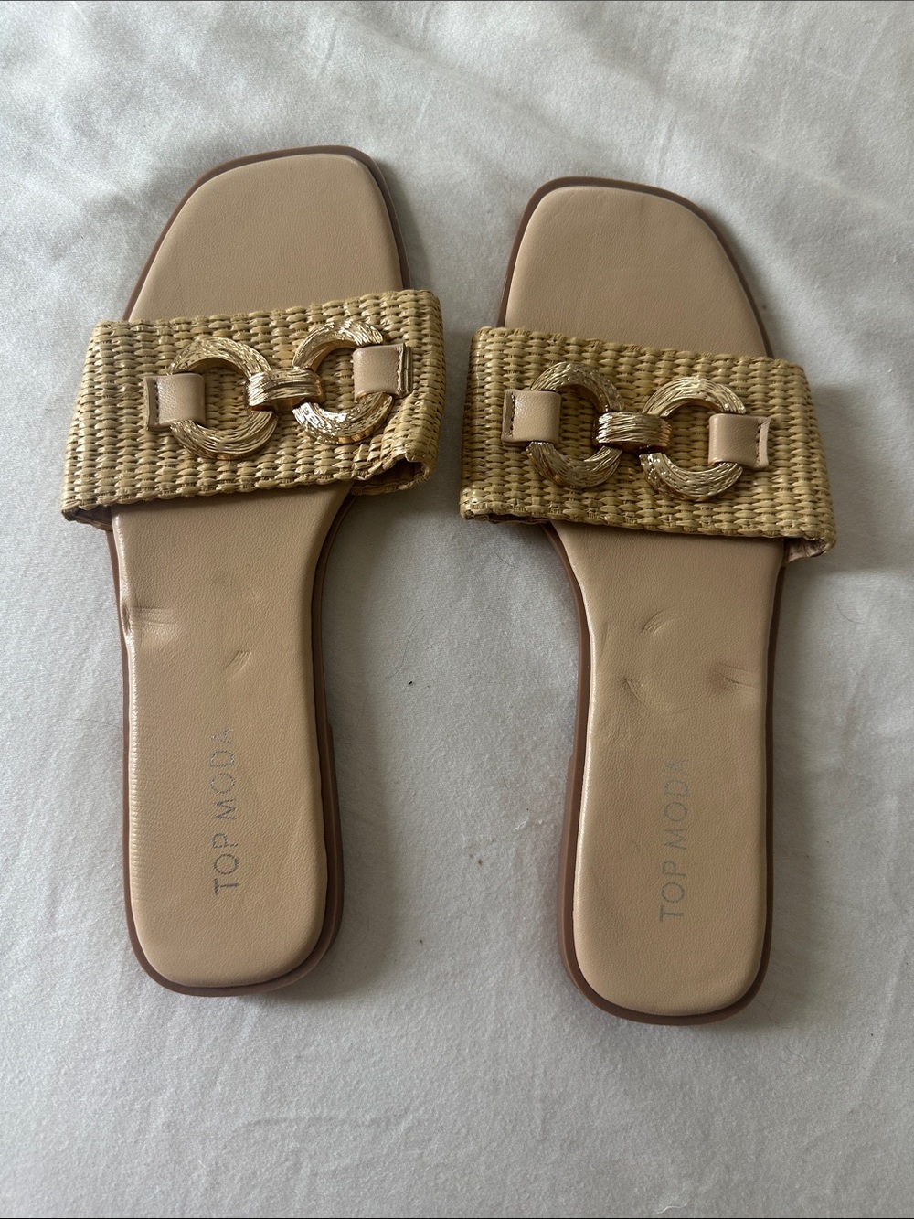 TOP Moda Tan Woven Slide Sandals with Gold Chain Accent
